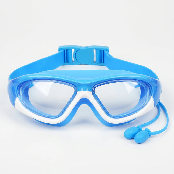Blue kids' anti-fog swim goggles showing adjustable strap and secure fit for comfortable water play.