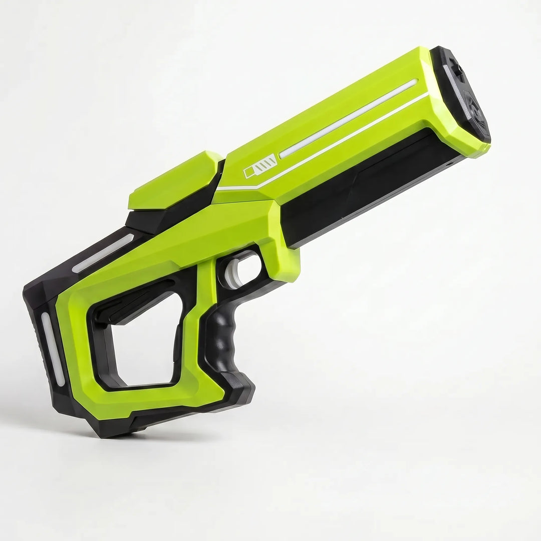 Child enjoying a summer water fight with an automatic electric water blaster toy. Rechargeable water gun for kids.