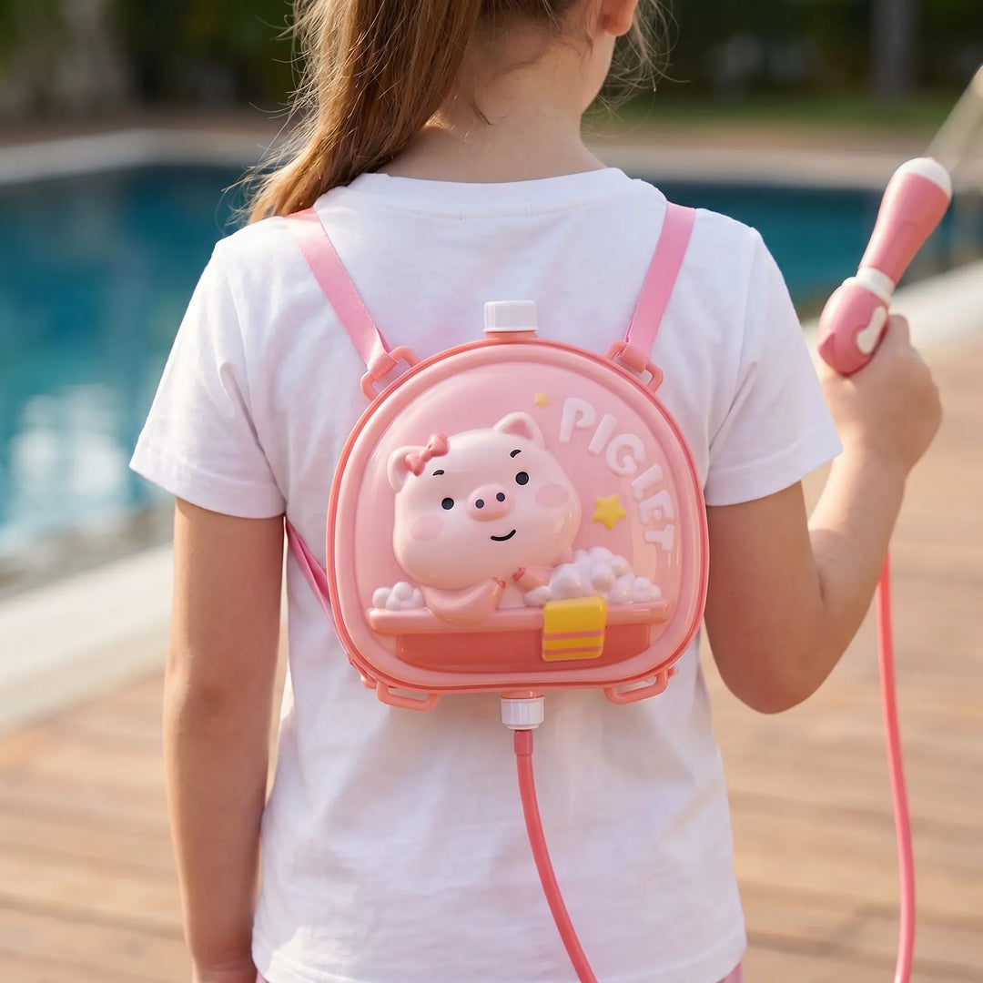 Kids' backpack water blaster toy with cute animal design, perfect for summer outdoor splash fun.