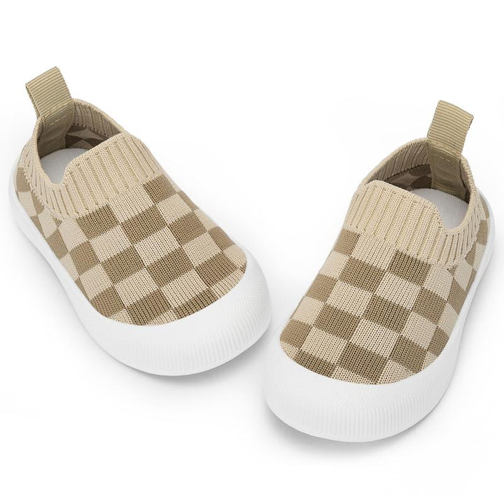 Stylish kids' checkered slip-on shoes, comfortable & supportive baby footwear for active toddlers.