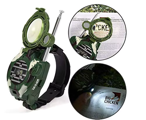 Children wearing camouflage walkie talkie watch, showcasing its outdoor toy and survival gear use.