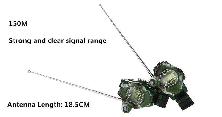 Detail of kids camouflage watch displaying walkie talkie and 7-in-1 survival tool functions.