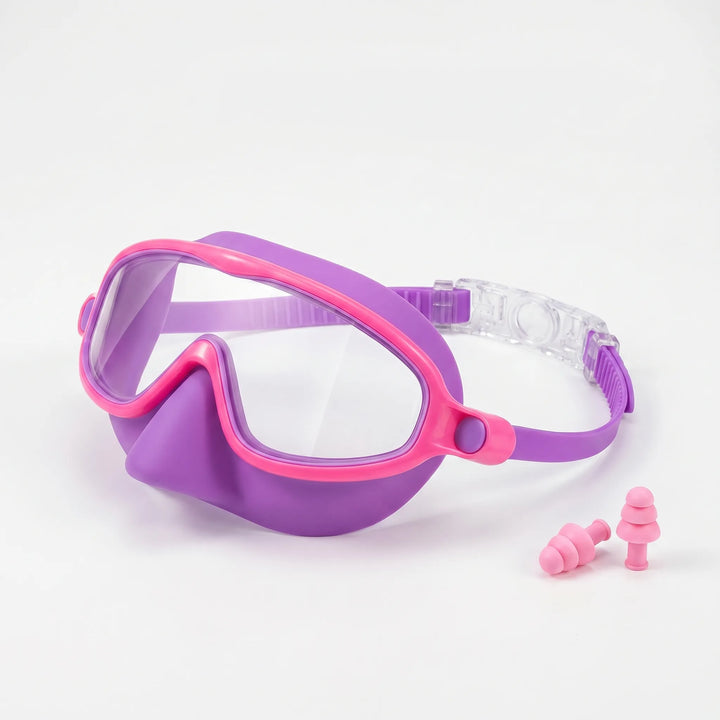 Blue children's silicone swim mask with nose cover, adjustable strap, and clear polycarbonate lens.