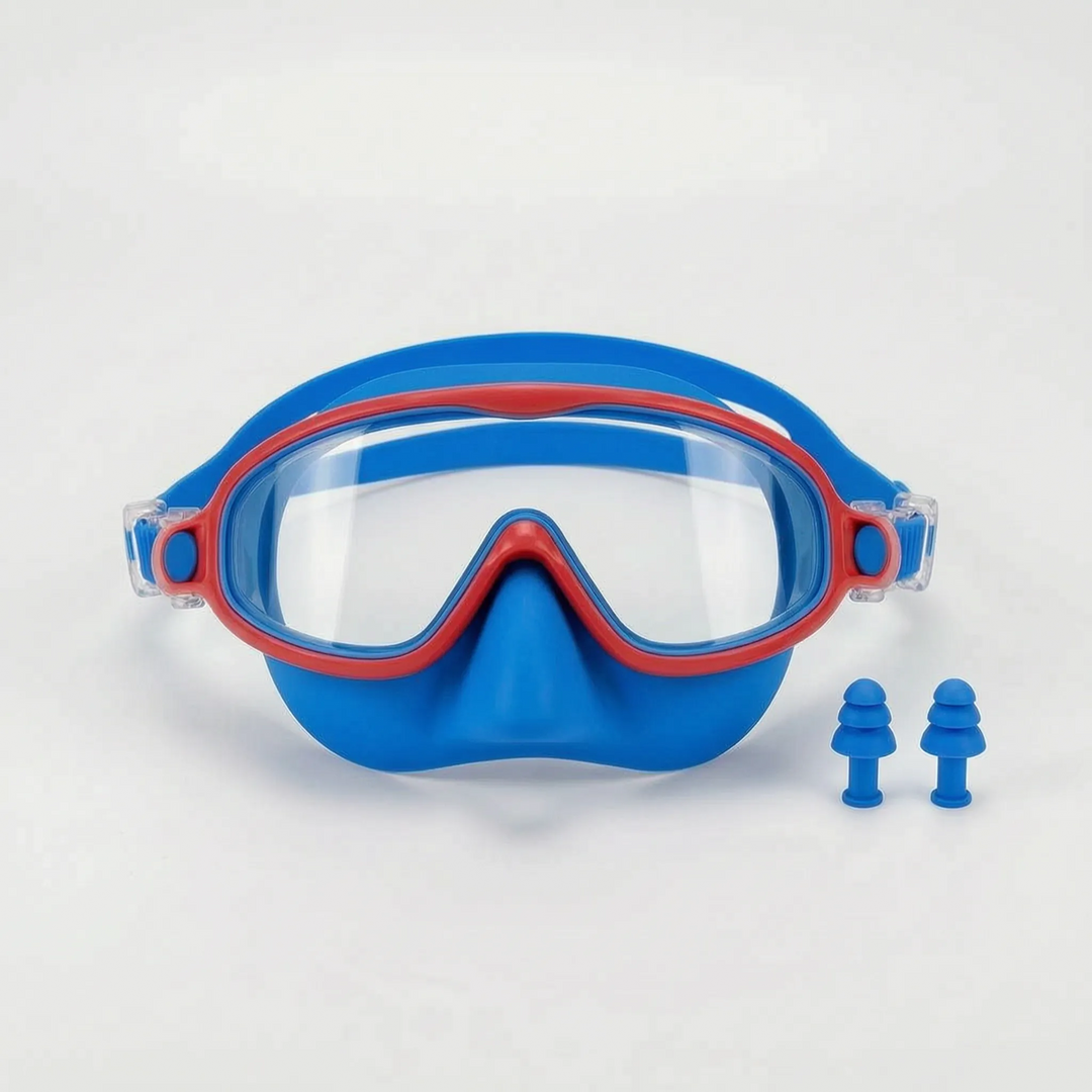 Kids' water activities mask with nose cover for secure fit, adjustable silicone strap, and clear vision.