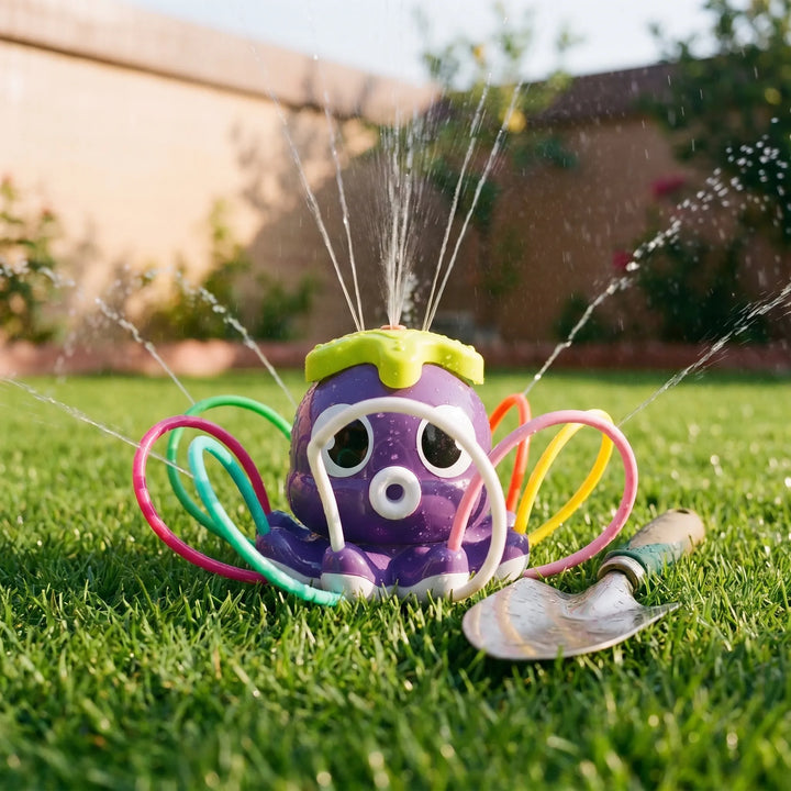 Colorful octopus sprinkler with spinning tentacles creating fun water patterns for kids' outdoor water games & play.