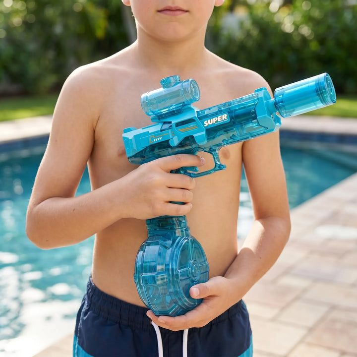 Kids' electric light-up water gun for summer outdoor play. Automatic blaster for pool parties & beach fun.
