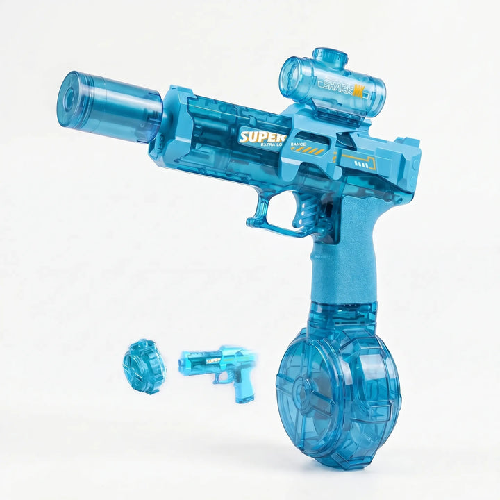 Child joyfully playing with an electric light-up water gun, perfect for summer outdoor games and pool fun.