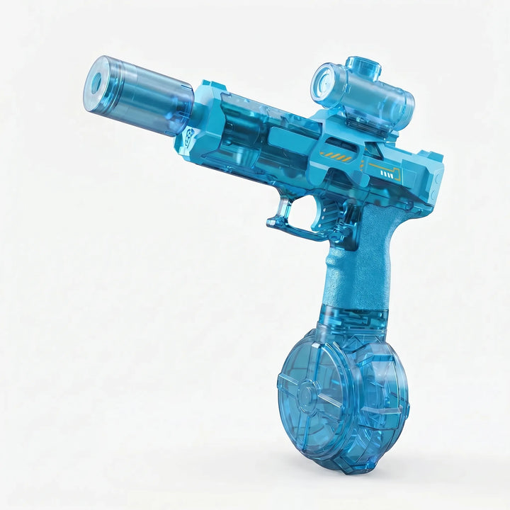 Close-up of a blue and green electric light-up water gun, a cool automatic blaster for kids' summer outdoor fun.