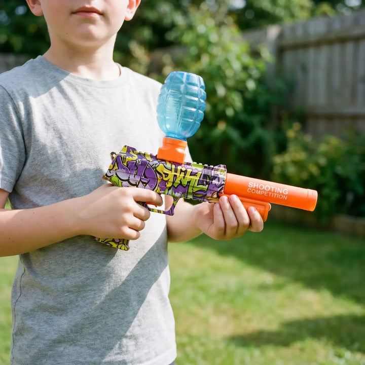 Kids' electric water blaster for summer outdoor fun; rechargeable water gun toy for children's water battles.