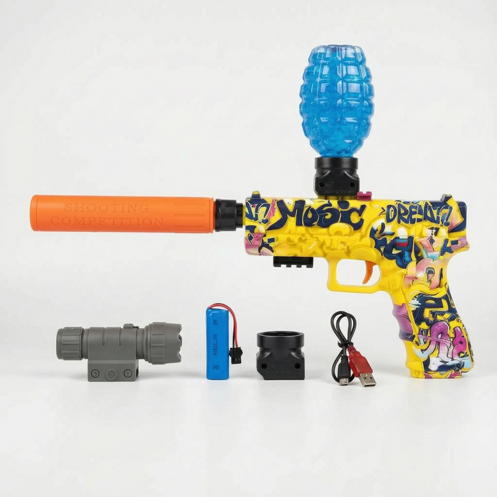 Kids playing an outdoor summer water battle with a vibrant electric water blaster toy; endless fun guaranteed.