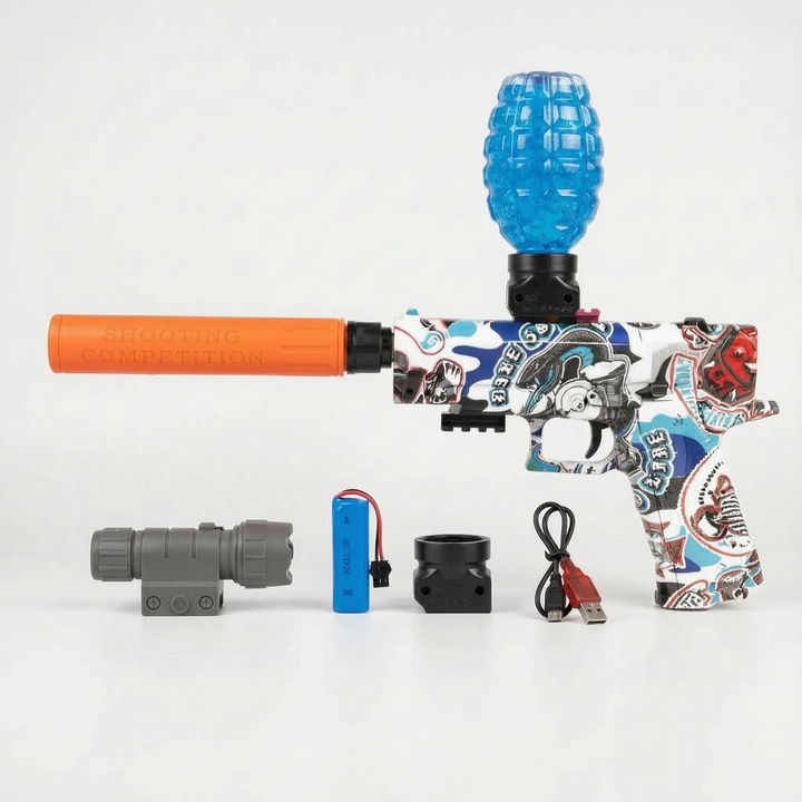 Brightly colored electric water blaster toy for kids; a fun rechargeable water gun for summer outdoor play.