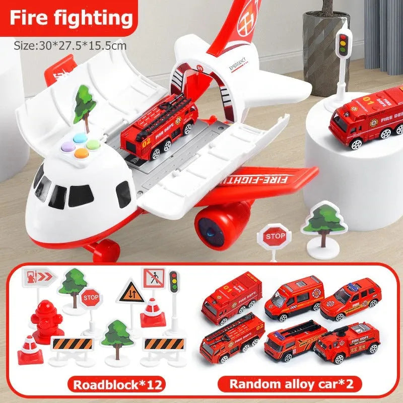 Toddler boys & girls enjoy this emergency rescue airplane toy set with realistic lights, sounds, and vehicles.
