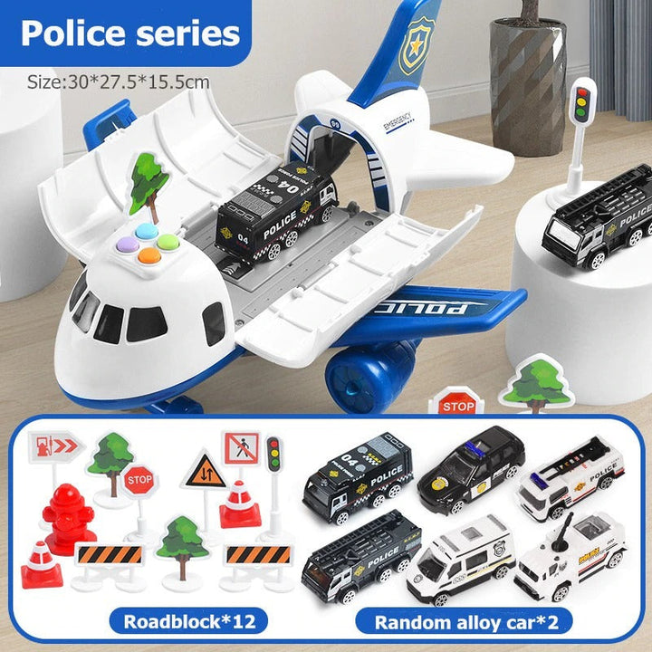 Friction-powered airplane toy set for kids, includes emergency vehicles, lights, and sounds for rescue adventures.