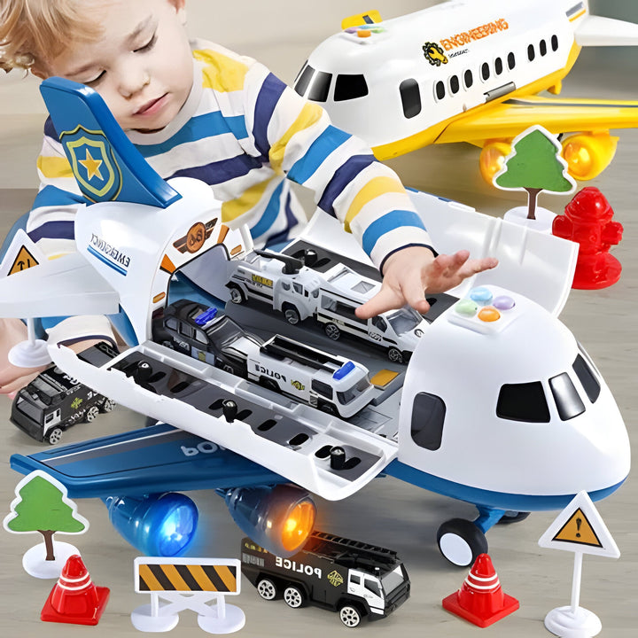Interactive airplane toy set for kids' pretend play, featuring emergency rescue vehicles, lights, and authentic sounds.