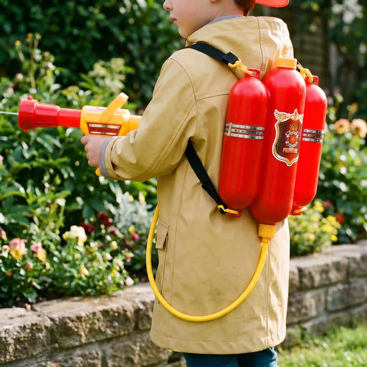 Kids' firefighter backpack water blaster toy for summer outdoor water games and backyard fun.
