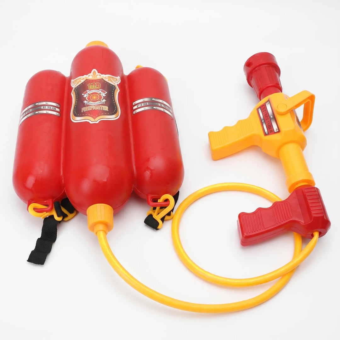 Fun kids' red firefighter backpack water blaster toy, ideal for backyard summer outdoor water games.