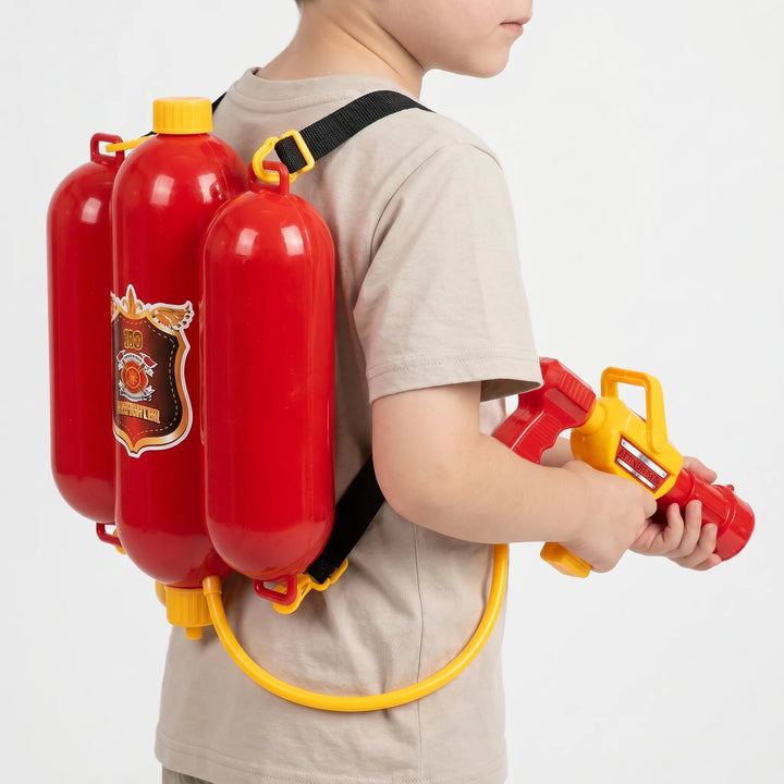 Toddler firefighter backpack water blaster toy, great for children's outdoor summer water play & games.