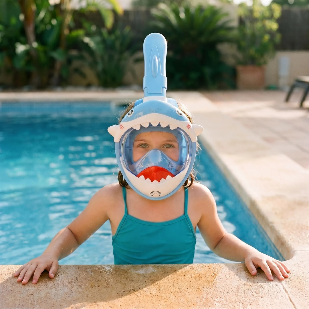 Kids' full face shark snorkel mask for fun swimming, pool, or beach water adventures.