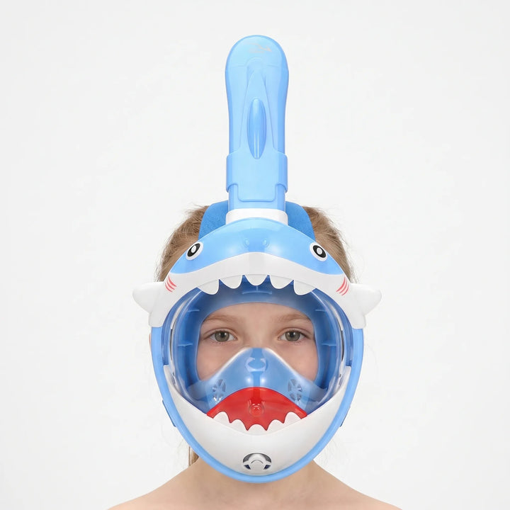 Child's full face shark snorkel mask for easy breathing & clear underwater views for water sports.