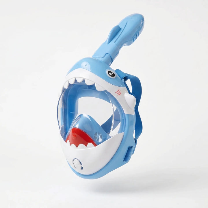 Youth full face shark snorkel mask, ideal for children's outdoor water fun, swimming, & snorkeling.