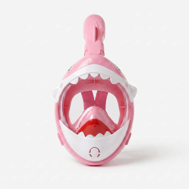 Fun shark full face snorkel mask for kids, offering panoramic views & easy breathing for summer water sports.