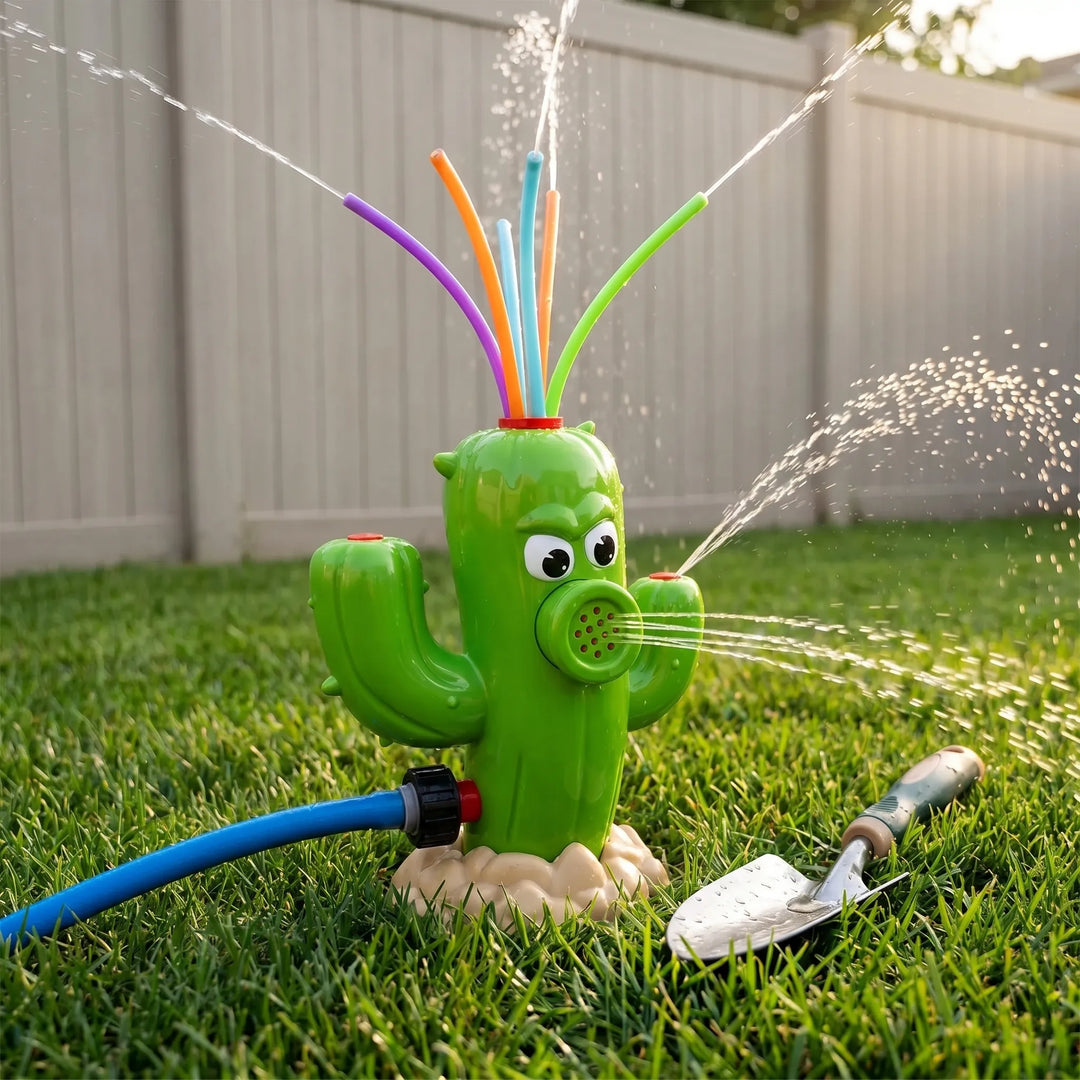 Kids' fun rotating cactus water sprinkler for outdoor summer play in the backyard.