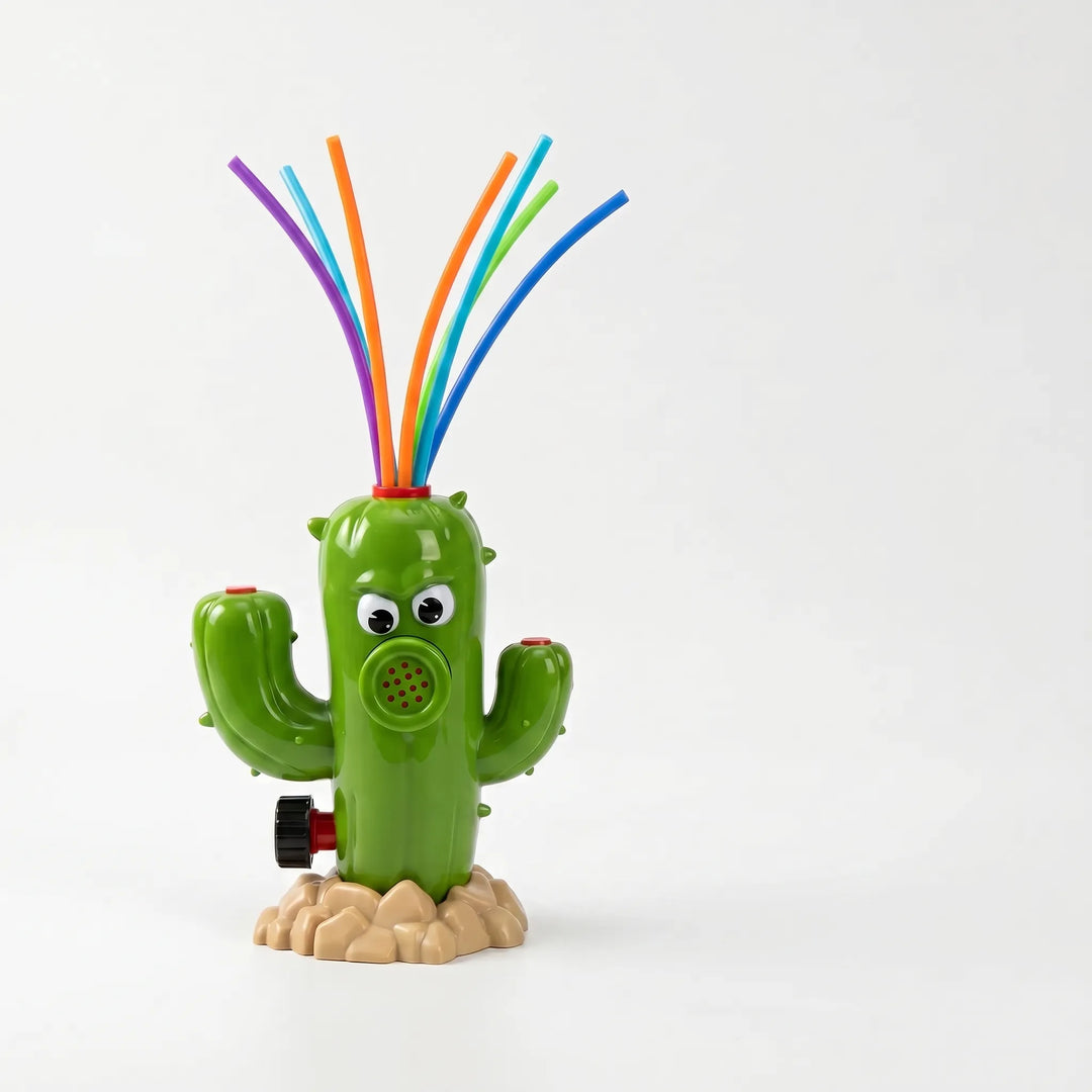 Toddlers and children playing with a vibrant spinning cactus water sprinkler toy.