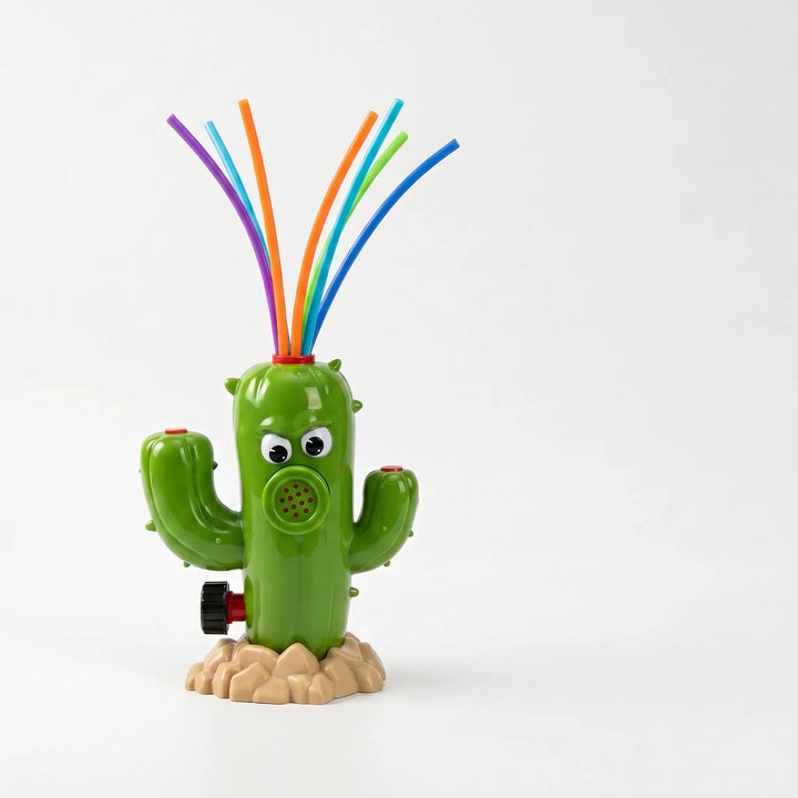 Toddlers and children playing with a vibrant spinning cactus water sprinkler toy.