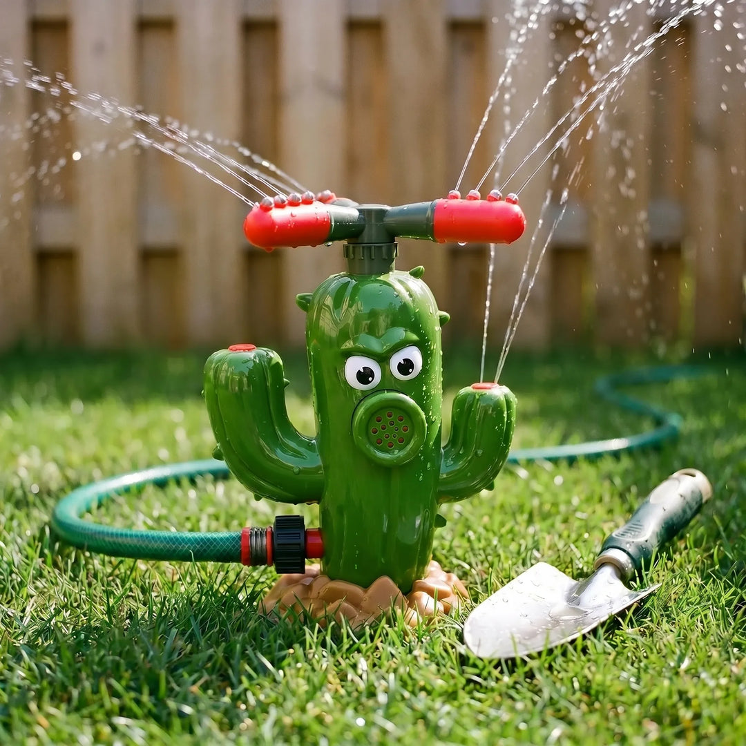 Exciting garden water toy: a green cactus sprinkler, perfect for children's backyard splash activities.
