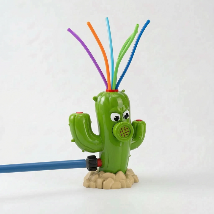 Kids laughing and playing with the rotating cactus sprinkler, a great splash pad alternative.