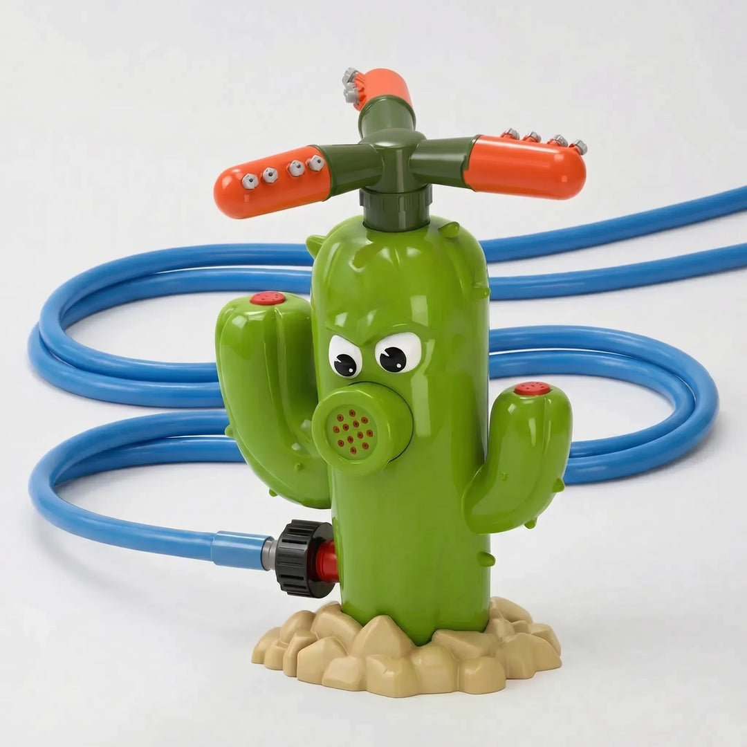 Durable cactus-shaped outdoor water sprinkler, designed for active kids' summer enjoyment and water games.