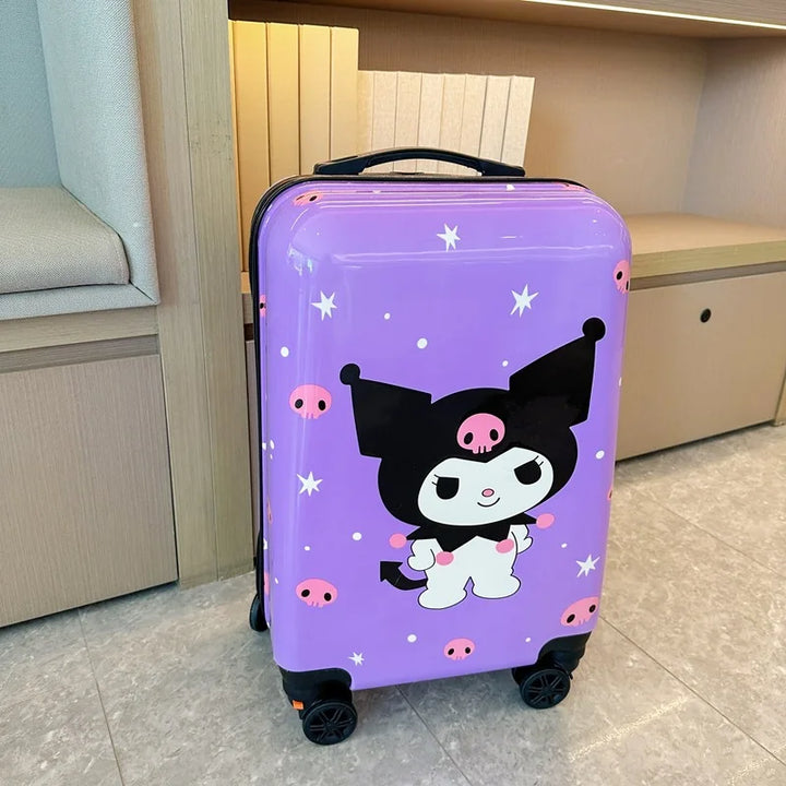 Durable Hello Kitty & Kuromi children's hardshell carry-on luggage, wheeled for effortless travel.