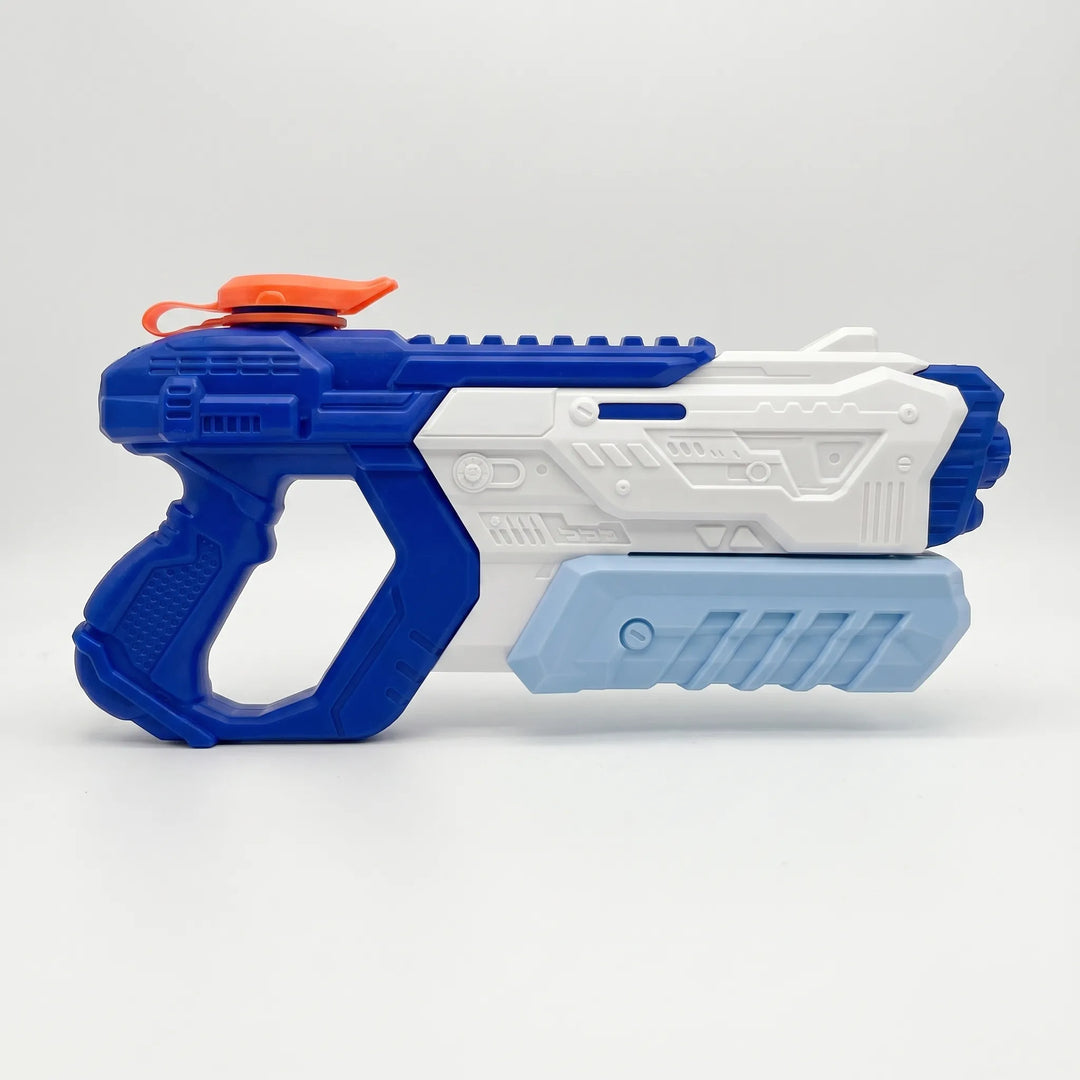 Happy kid enjoying summer outdoor fun with a high-capacity water blaster. Perfect water gun toy for games.