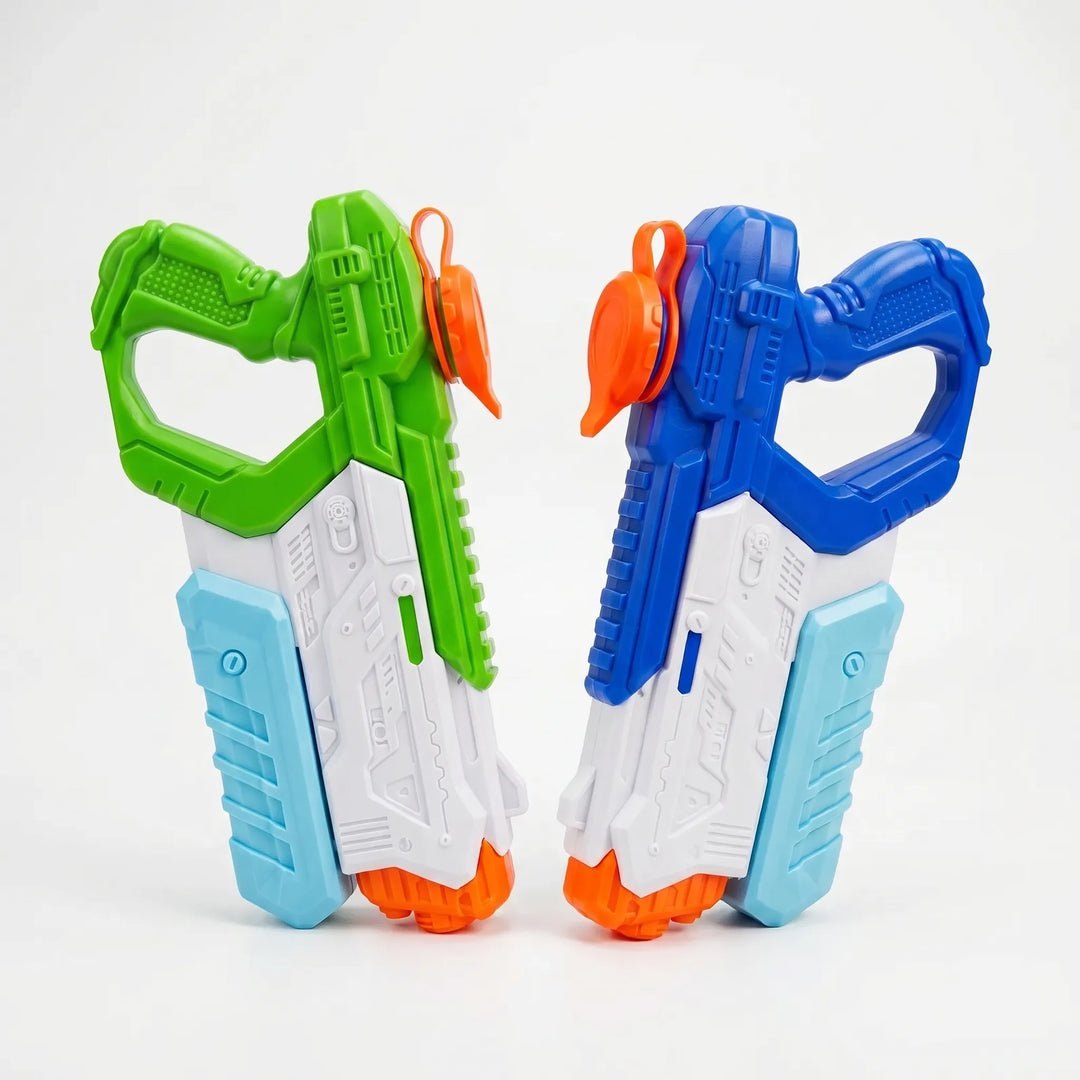 Children playing with high-capacity water blasters, having epic summer pool fun. Outdoor water gun toy games.