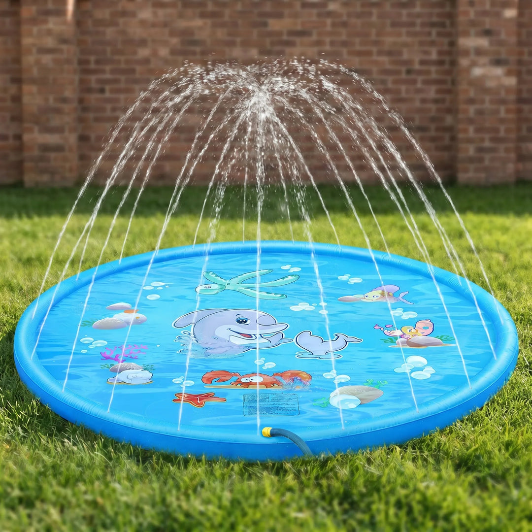 Children's outdoor sprinkler playmat, an inflatable water toy for backyard fun & splash activities for kids.