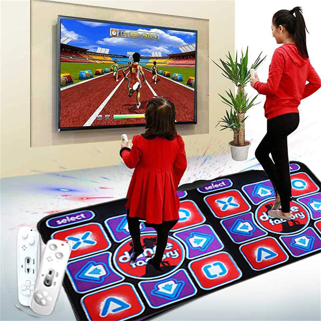 Kids' interactive double dance mat with wireless remote, perfect for two players, music & fitness fun.
