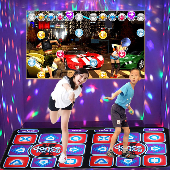 Two children joyfully dancing on an interactive double dance mat with wireless remote control.