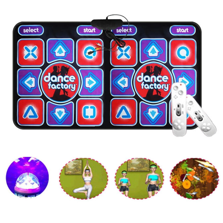 Vibrant double dance mat for kids, featuring interactive lights, responsive pads, and a wireless remote.