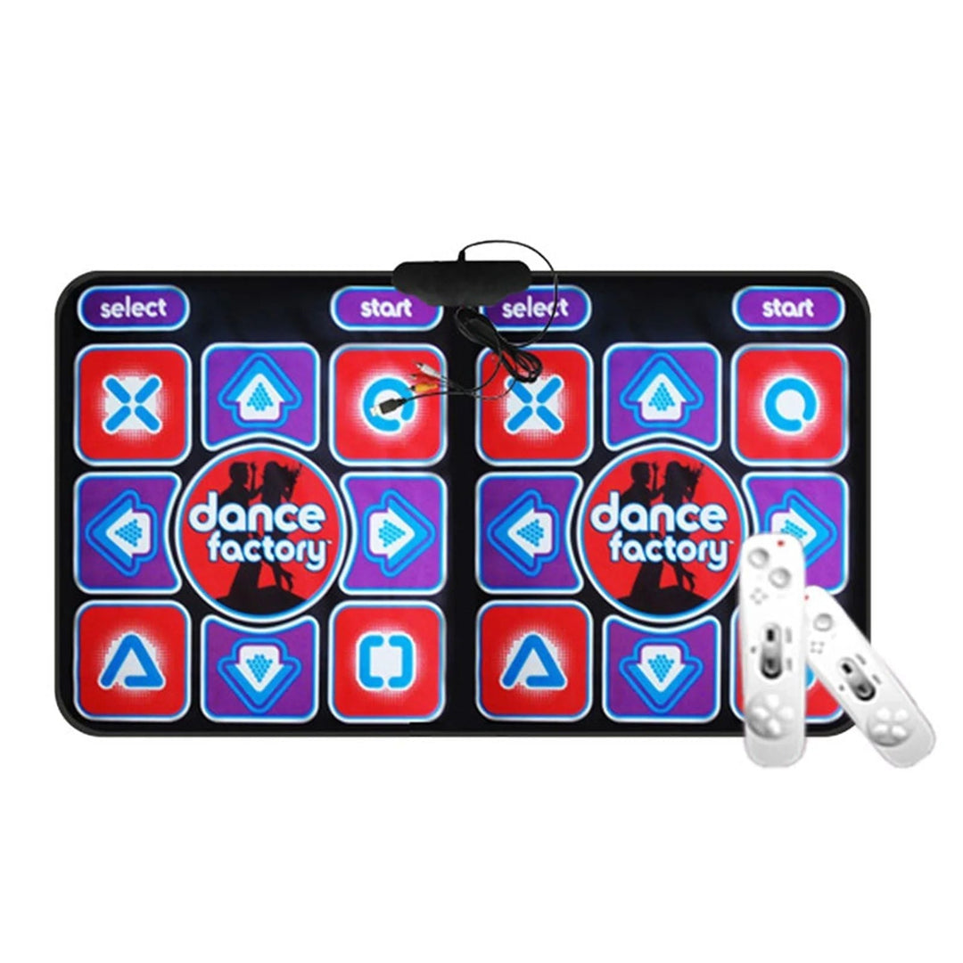 Close-up of the wireless remote controlling an interactive double dance mat, designed for kids' fitness.