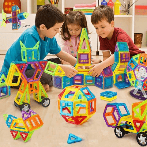 Toddler activity: vibrant magnetic building blocks forming a unique structure, promoting early learning.