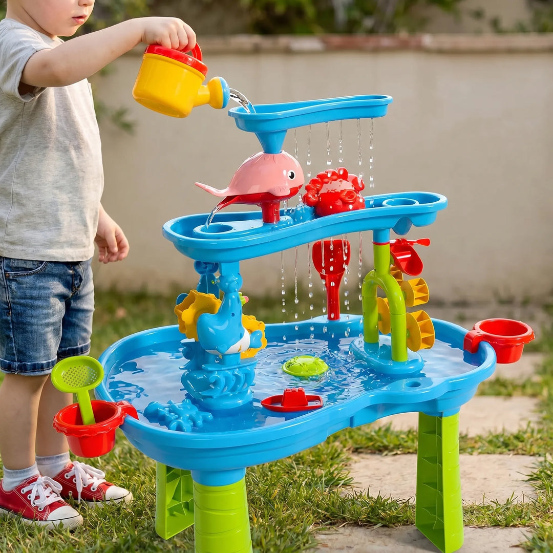 Kids' multi-level sensory water & sand play table. Perfect outdoor toy for toddler activity & preschool fun.