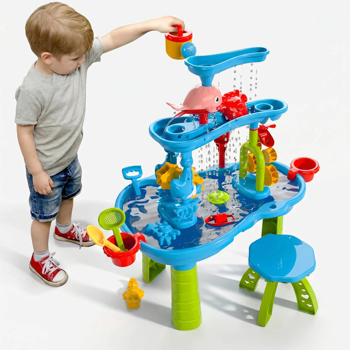 Interactive kids' multi-activity outdoor play table. Perfect for water, sand, & sensory exploration, great for preschool fun.