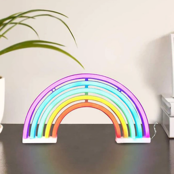 Calming neon rainbow night light for children's rooms, providing a soft, soothing glow and fun ambiance.