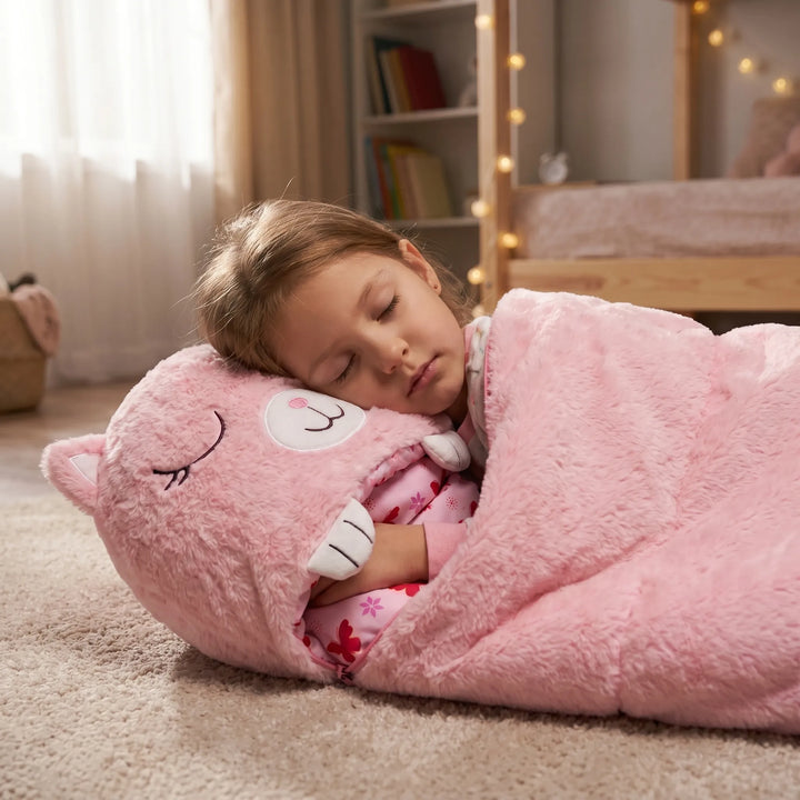Kids' plush animal sleeping bag & built-in pillow. Cozy, soft children's bedding for naps & sleepovers.