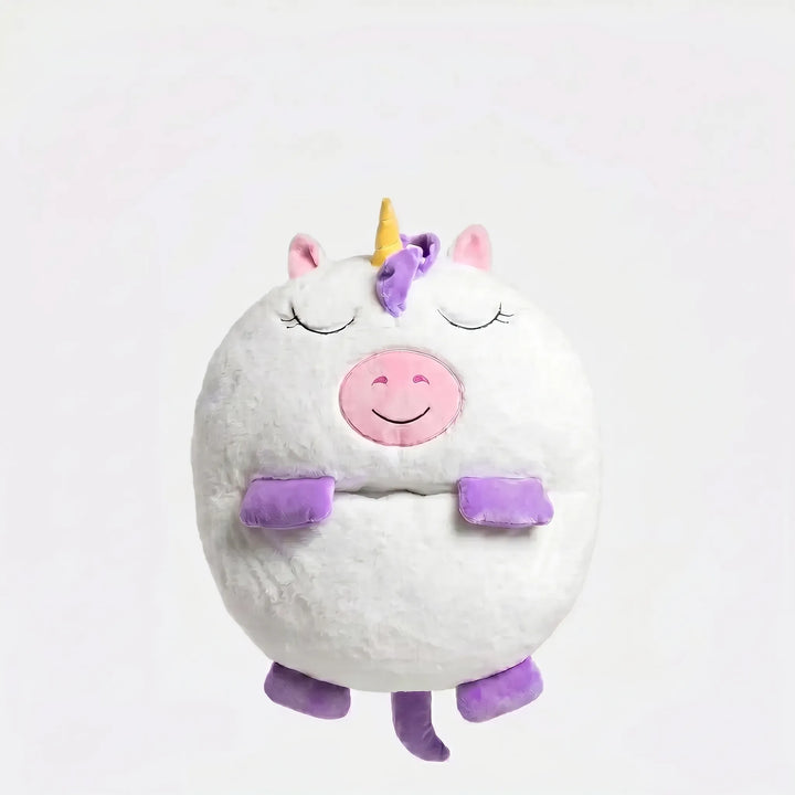Kids' animal play mat, nap mat, & sleeping bag with a built-in plush pillow for ultimate comfort.