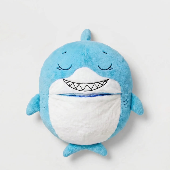 Happy child snuggled in a cozy animal plush sleeping bag & pillow, great for imaginative play & rest.