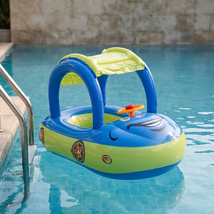 Kids' red car inflatable pool float with a canopy shade for sun protection, perfect for toddlers & water fun.