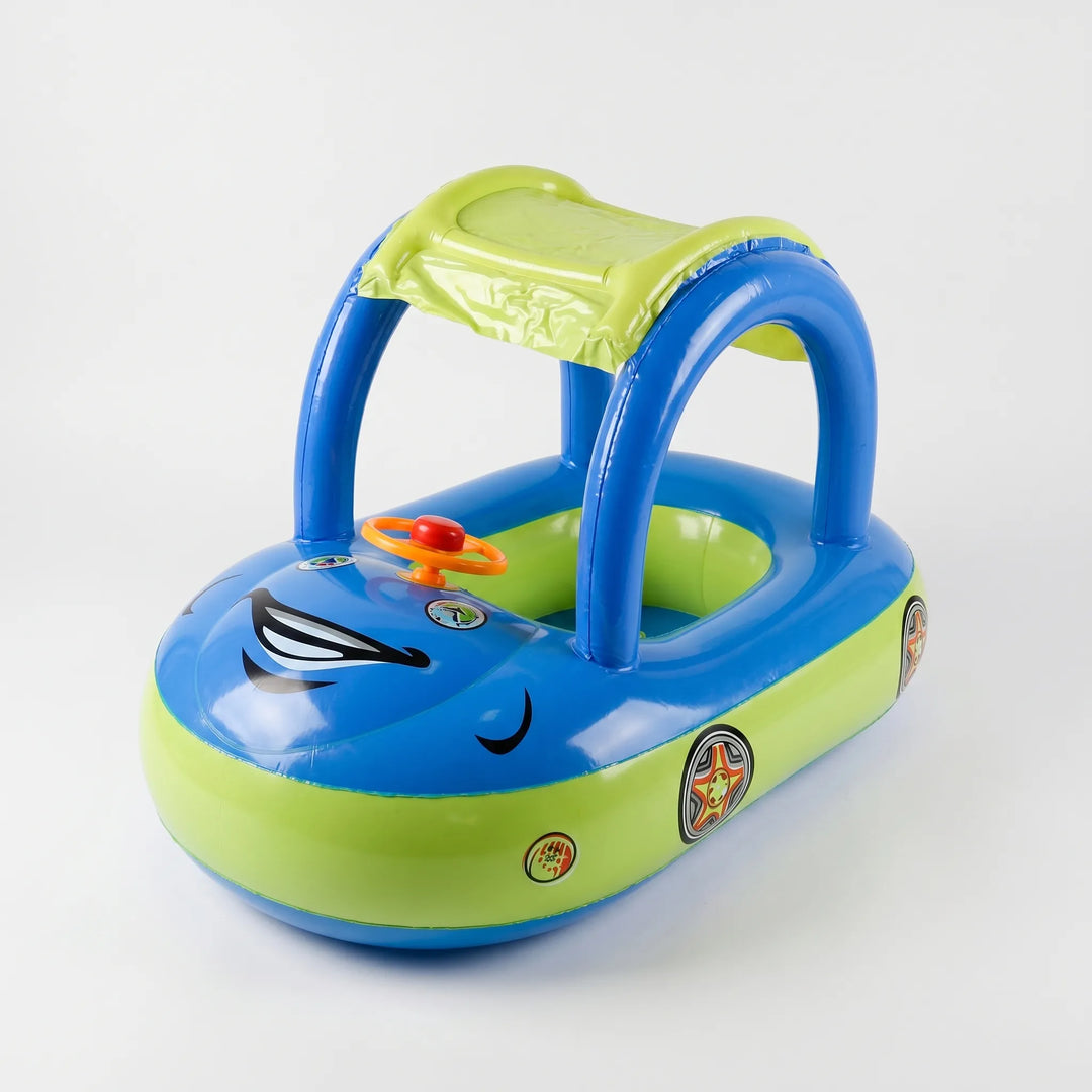 Toddler car pool float with steering wheel & built-in sunshade canopy for safe, fun water play & beach trips.