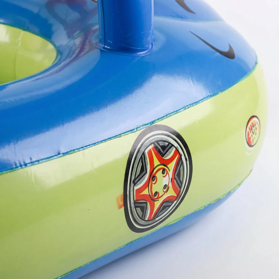 Children's car-shaped inflatable pool float with UV protection canopy, ideal for summer water fun & pool accessories.