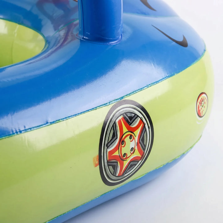 Children's car-shaped inflatable pool float with UV protection canopy, ideal for summer water fun & pool accessories.